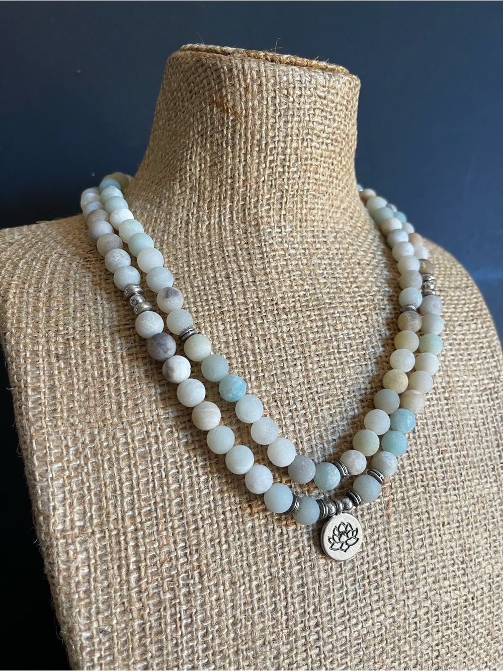 108 natural matte Amazonite stretch Necklace with Lotus Charm. - Picture 4 of 7